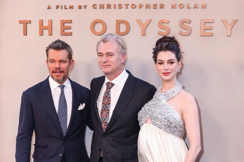 The Odyssey star Matt Damon, with director Christopher Nolan and actor Anne Hathaway