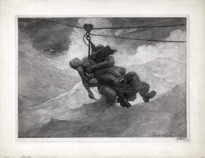 Winslow Homer (United States, 1836&ndash;1910), The Life Line [copyright proof], 1884|1887, etching, sulfur tint, and drypoint with scraping, burnishing, and selective wiping in black ink on cream, very thick, moderately textured machine-made wove paper; plate paper, image: 12 5/16 x 17 5/16 inches, sheet: 16 1/4 x 21 1/8 inches Portland Museum of Art, Maine. Museum purchase with support from Elizabeth and Robert Nanovic, 2021.1. Image courtesy The Old Print Shop