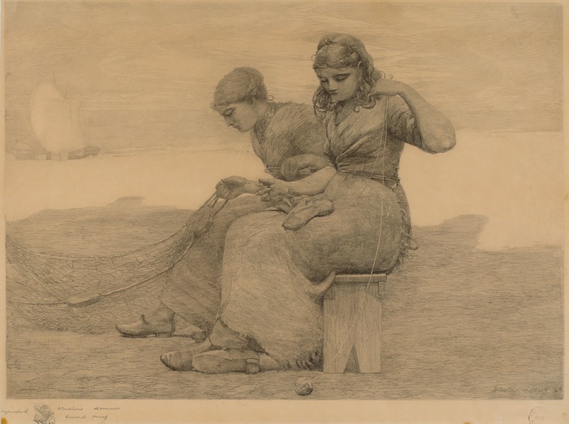 Winslow Homer (United States, 1836&ndash;1910), Mending the Tears [unfinished, second proof], 1888, etching and drypoint with scraping, stopping out, burnishing, and selective wiping in black ink on beige, moderately thick, slightly textured traditional Japanese handmade wove paper; Japanese Vellum, image: 15 1/4 x 21 3/8 inches, sheet: 16 1/2 x 22 inches. Bowdoin College Museum of Art, Brunswick, Maine. Gift of the Homer Family, 1964.69.201