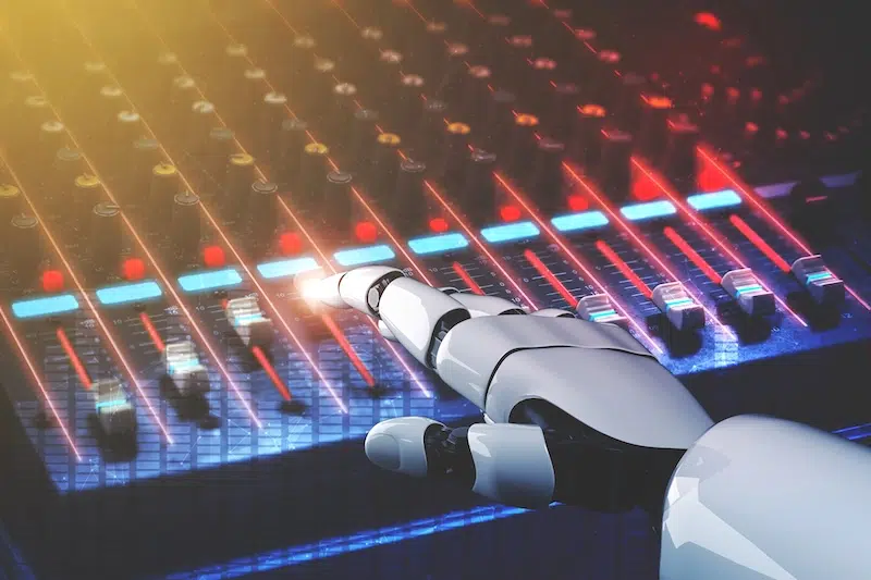 3D rendering robot disc jockey hand at dj mixer close up view in nightclub during party. EDM, entertainment, party concept.