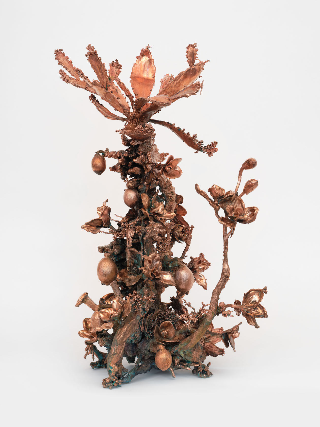 Max Hooper Schneider, Dendrite Grotesque (Orchid and Cactus), 2024. Copper-electroplated cactus, flowers, citrus fruits, site-specific clippings, and ornamental wood assemblage, 36 x 20 x 18 inches, 91.5 x 51 x 45.5 cm.Courtesy of the Artist and Fran&ccedil;ois Ghebaly, Los Angeles, New York. Photo: Paul Salveson.