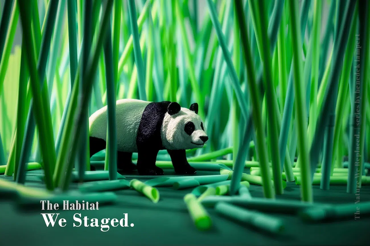 Miniature Toy Panda Standing Among Plastic Straws
