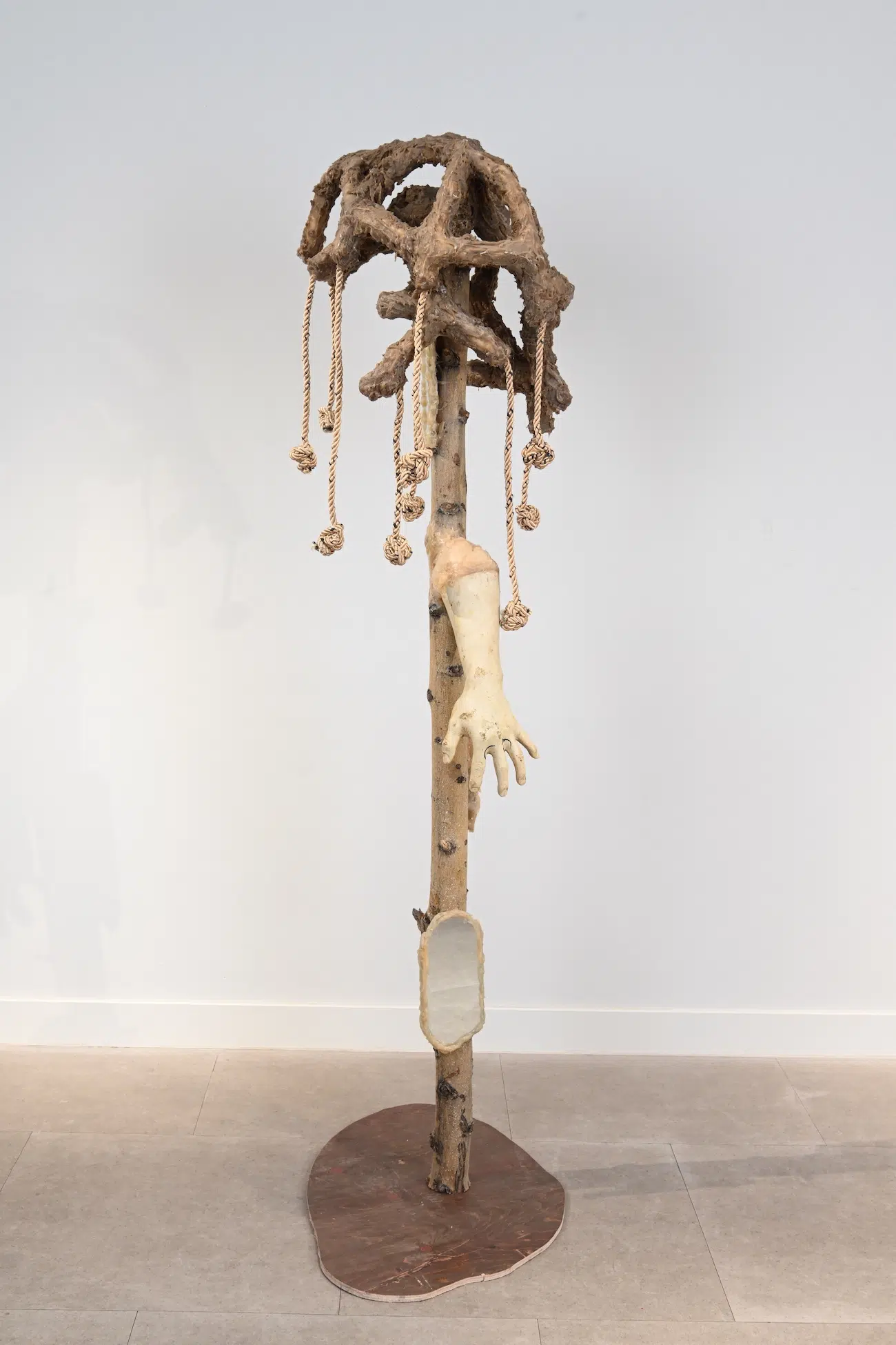 Mutual Ambitions series No. 1, Jantsankhorol Erdenebayar, 2024, found tree, mirror, plywood, stone glue, rope and plaster, 178 &times; 54 &times; 52 cm. 