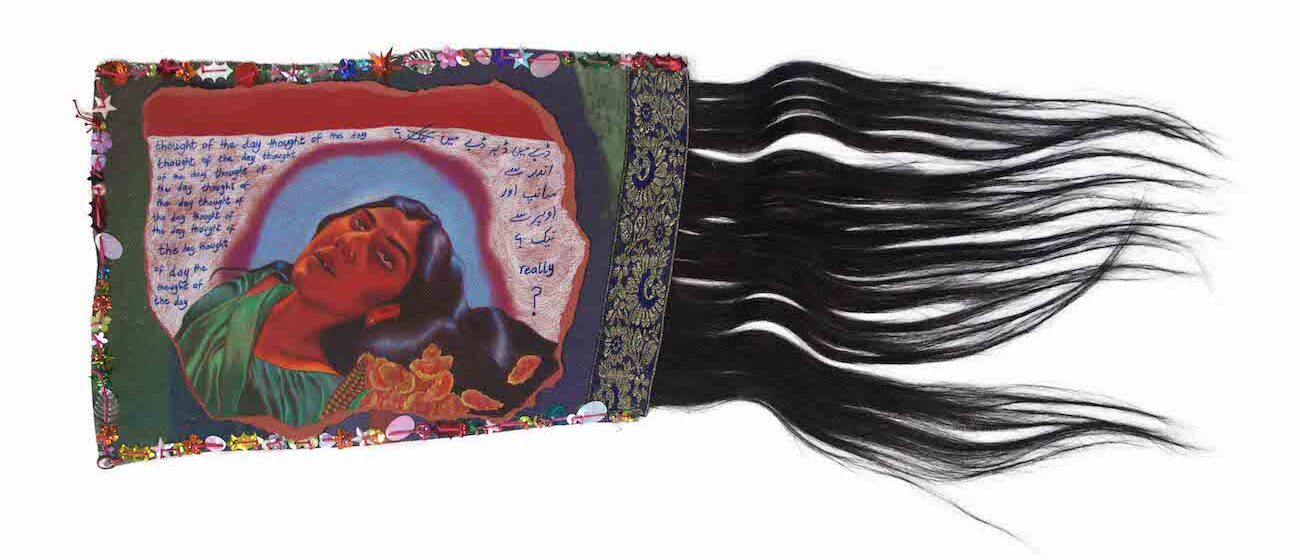Fatima Kaleem Khan, Falling, 2025, colored pencil, oil pastel, lace, spangles, hair extension on paper, canvas, 25.4 &times; 68.6 cm.