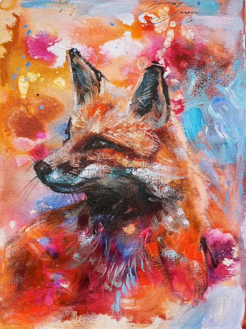 Artist Dimitra Milan Working on an Painting of a Fox on an Abstract Background