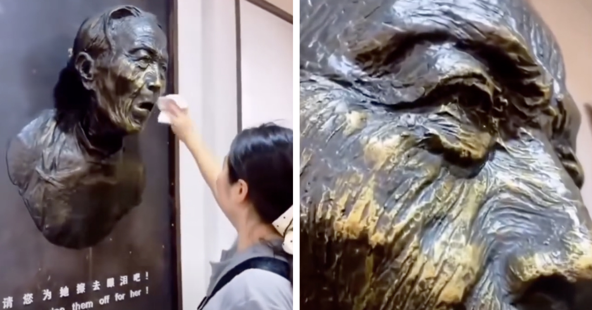 Memorial Sculpture of a Woman Never Stops Crying, Invites Passersby To Dry Her Tears