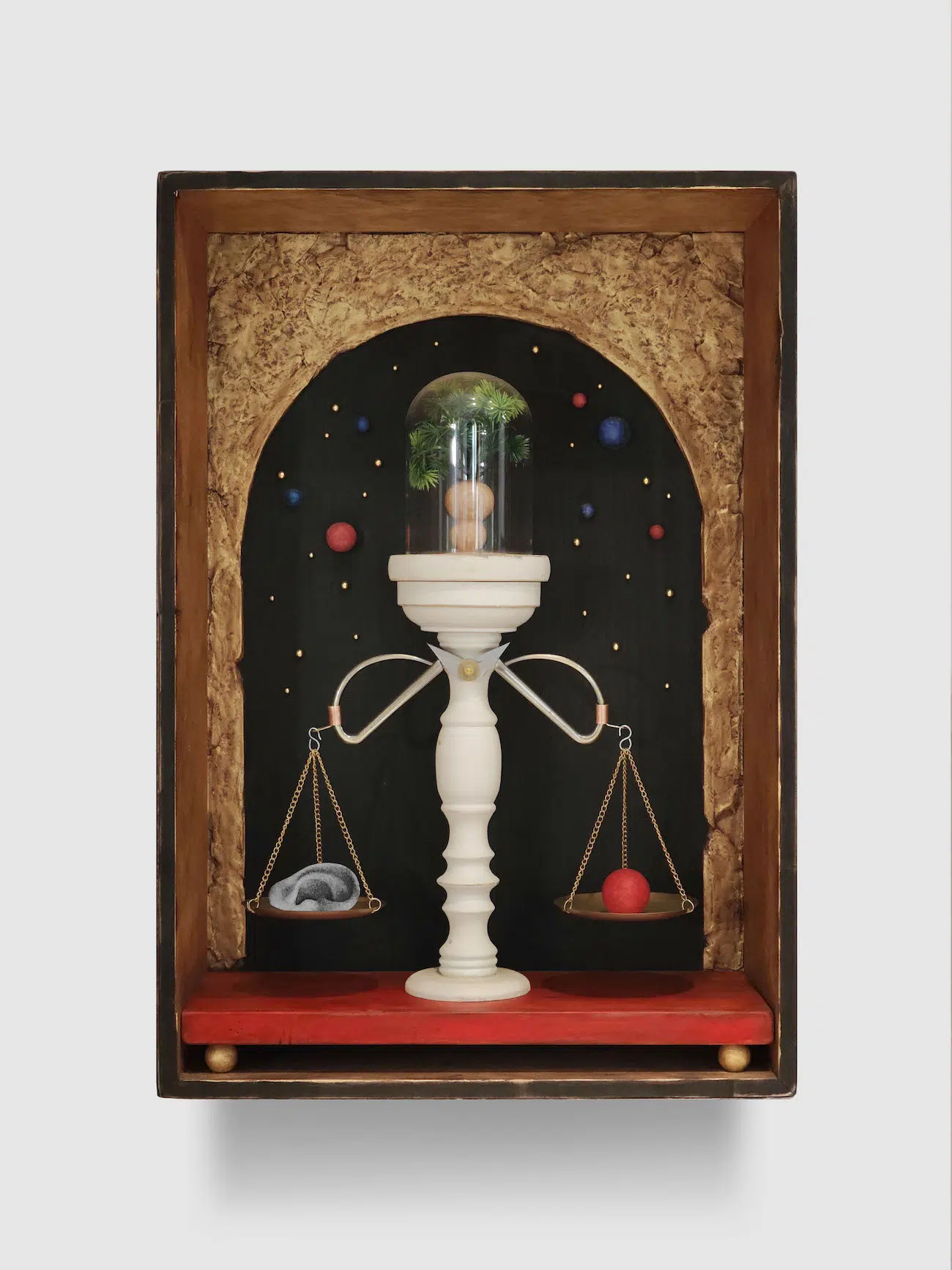 Lilyjon, Box of Fallacy: World Tree/Weighing of the Organs, 2026 Wooden box, 80g double-sided adhesive paper laser printing (with a photo of my wife's ear), wooden candlestick, glass cover, plastic artificial plant, gourd-shaped wooden bottle, wooden ball, bead needle, scissors, balance pan, stone clay, acrylic paint Unique, H 56 x W 38.5 x D 17 cm