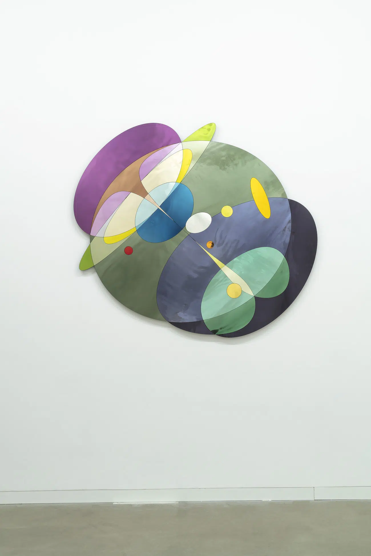 Olafur Eliasson, The surprising yet predictable phenomenon of matter taking matter into its own hands 2026, Silvered coloured glass, laminated coloured glass, composite board, aluminium, 130 &times; 146 &times; 3.5 cm