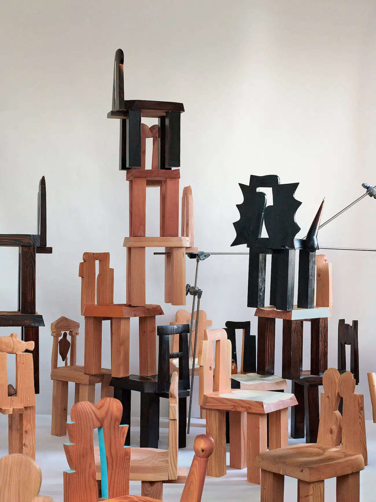 Minjae Kim Various Chair Works, 2021&ndash;2023, Douglas Fir, Sapele, Stain, Lacquer, Acrylic Paint Dimensions Variable