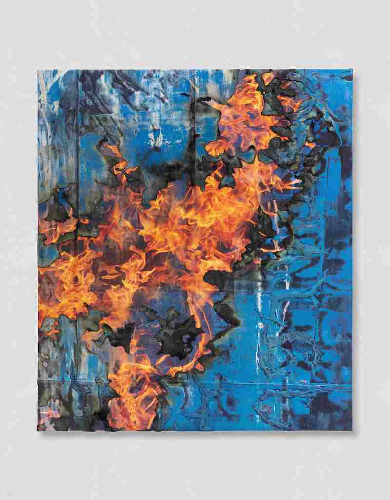 Korakrit Arunanondchai, The Angel, Acrylic polymer on metallic foil on bleached denim on inkjet print on canvas, 101.6x88.9x3.8cm, 2025, Kukje Gallery