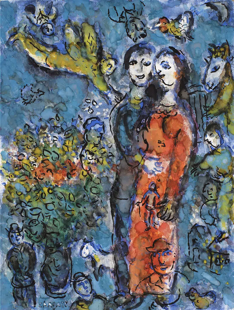 Marc Chagall, Couple d&rsquo;Amoureux au Bouquet de Fleurs, Tempera, brush and ink on Masonite, 32.1x23.8cm, 1982, Art of the World Gallery