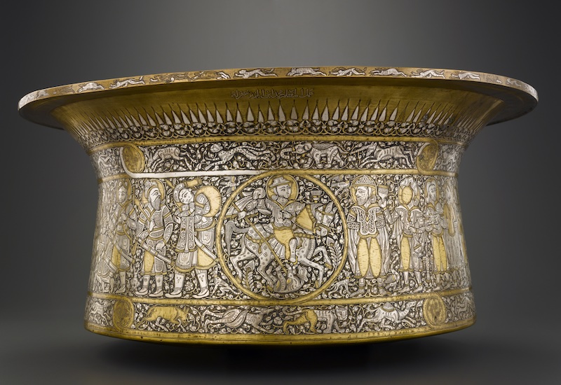Basin known as the Baptistery of Saint Louis. Mamluk period, ca. 1325-40. Egypt or Syria. Copper alloy with engraving and inlay of silver, gold, and blackpaste