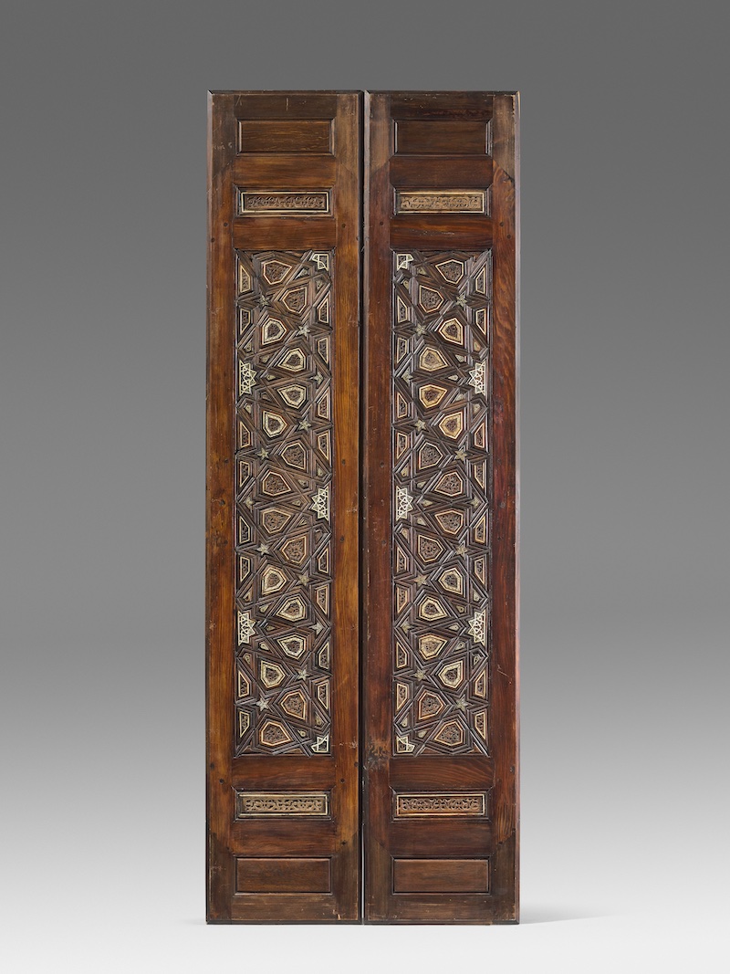 Doors. Mamluk period, ca. 1300 and 19th century. Egypt or Near East. Wood (rosewood), wood assembly decoration (jujube, ebony) inlaid with ivory. Reverse: wood, carved decoration and inlaid with ivory; frame: wood (pitch pine)