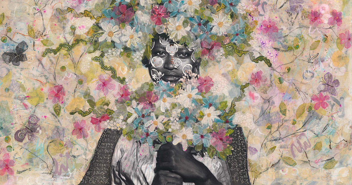 Collages of Faces Buried Under Passports and Letters Bloom With Paper Flowers To Preserve Fragile Memories