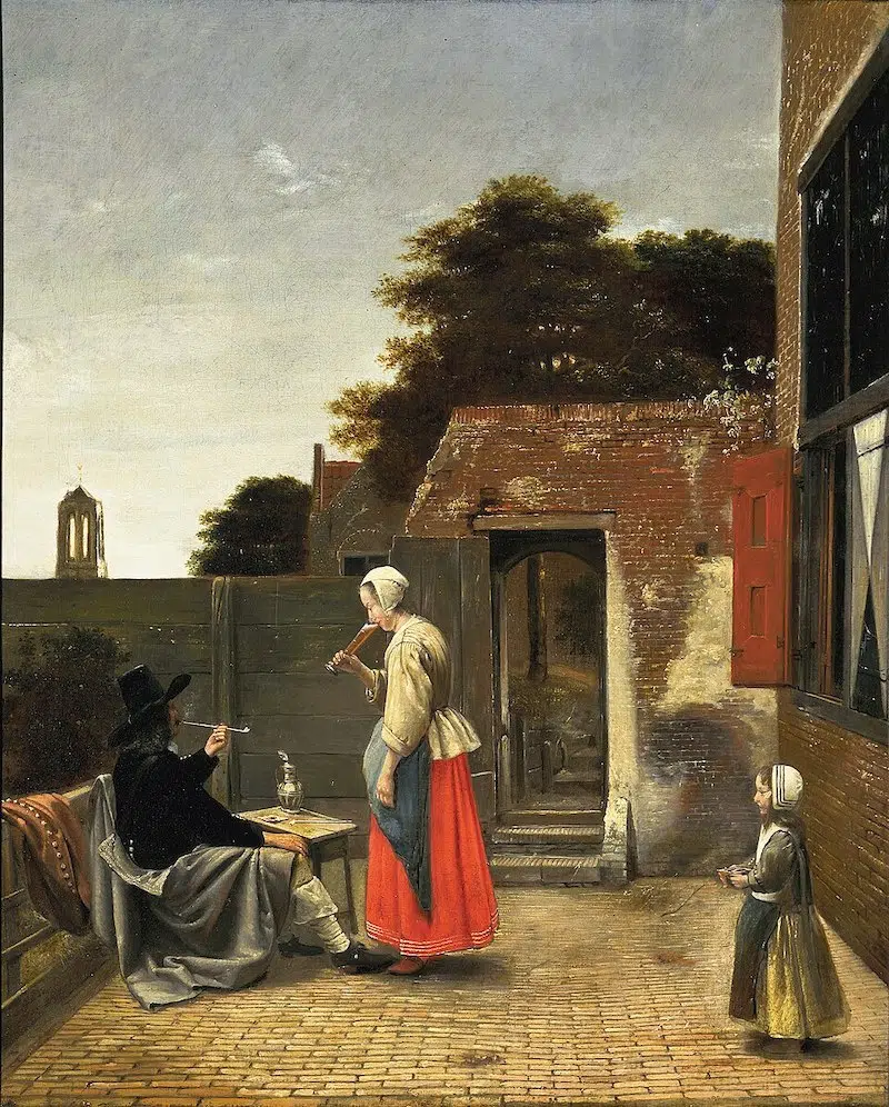 A Man Smoking and a Woman Drinking in a Courtyard, painting by dutch painter Pieter de Hooch
