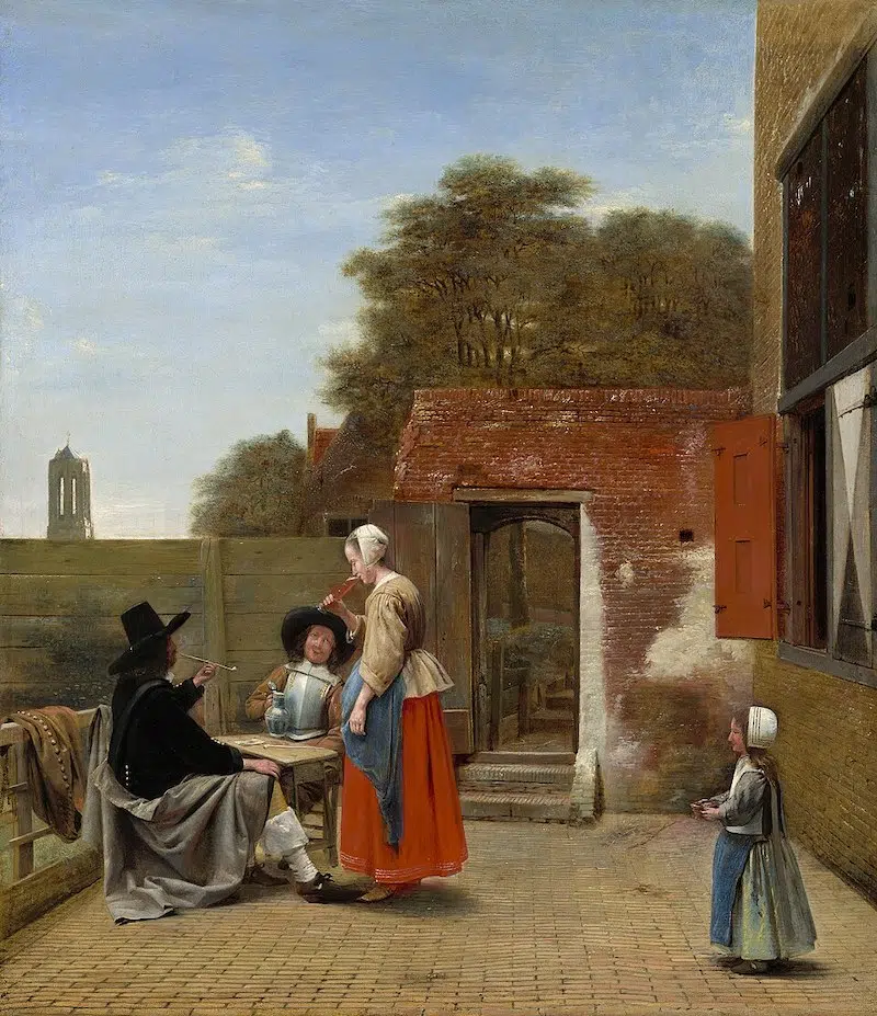 A Man Smoking and a Woman Drinking in a Courtyard, painting by dutch painter Pieter de Hooch