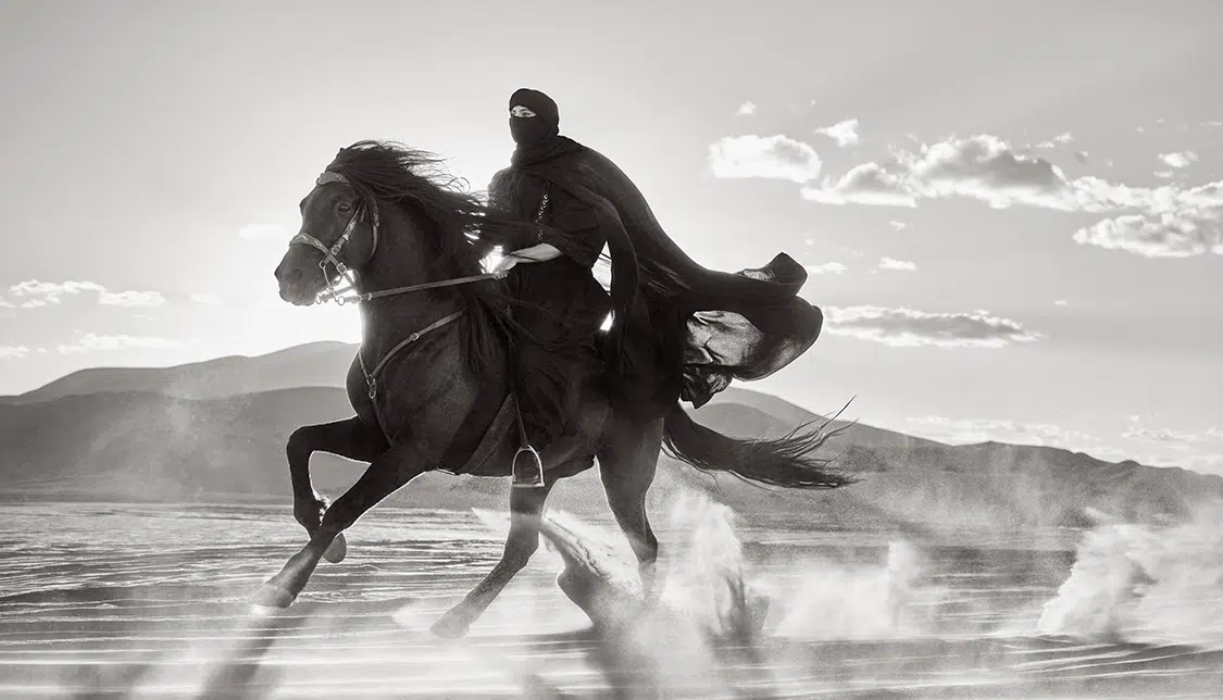 Photo of person riding a horse in the desert.