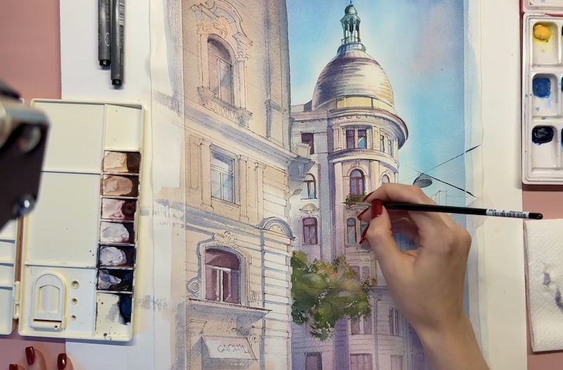 Architectural Watercolor Painting by Viviene Astakhova
