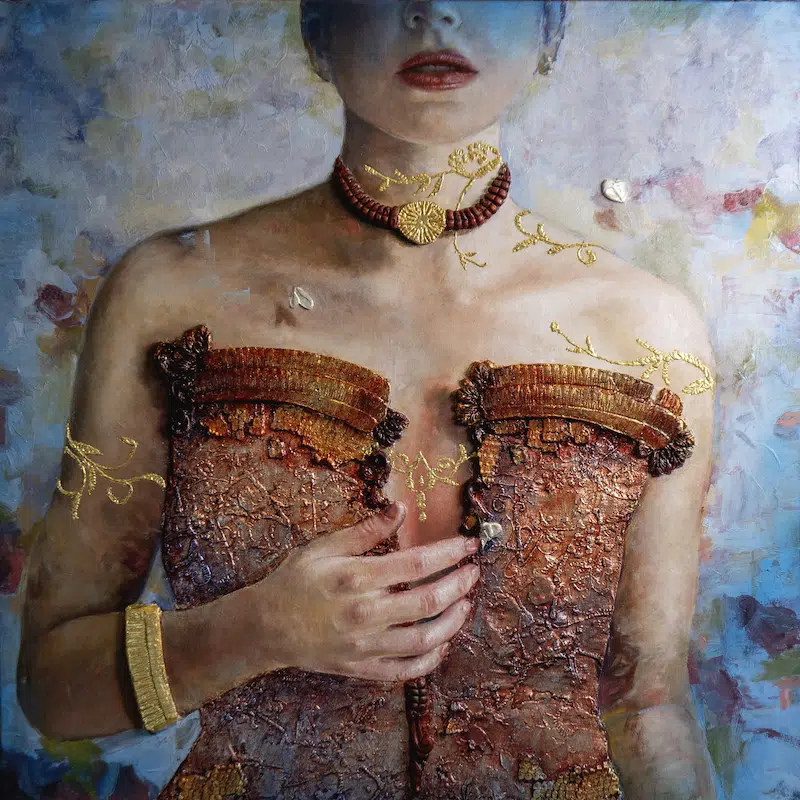 Amore Amore, June Stratton, 24&rdquo; x 24&rdquo; oil, plaster and gold leaf on panel.