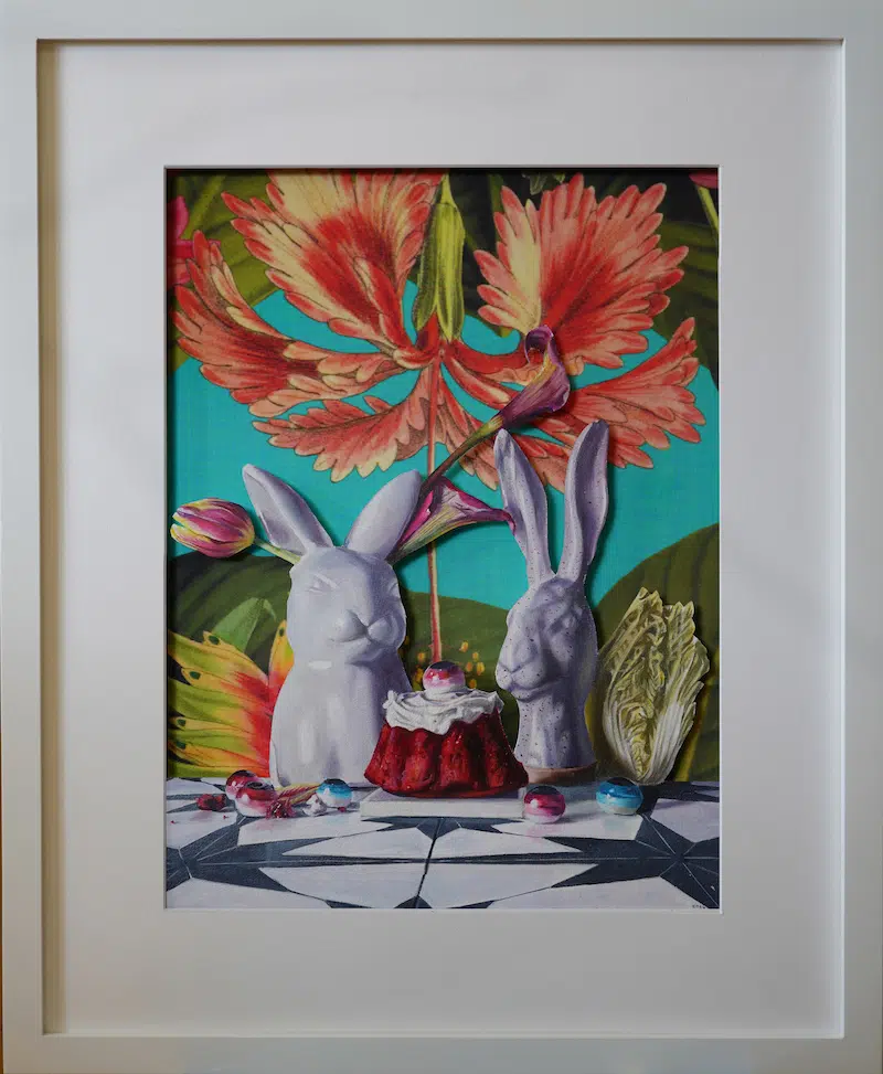 Bunnycake, Denise Stewart-Sanabria, 14&rdquo; x 16&rdquo; oil on cut rag paper, cotton fabric 14&rdquo; x 16&rdquo; (framed 20&rdquo; x 16&rdquo;).