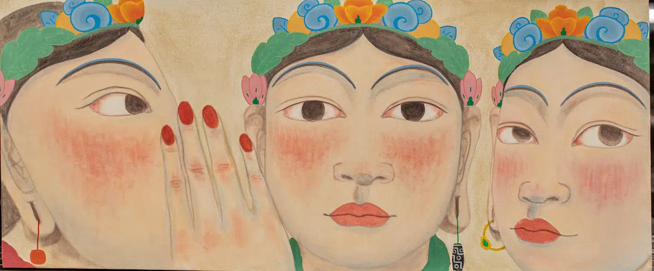 Pem Lham (b. 1997, Lhuentse, Bhutan; lives and works in Thimphu, Bhutan); Molay Moley, untitled 4; Bhutan, 2025; Acrylic on canvas &ndash; 120&times;51cm.