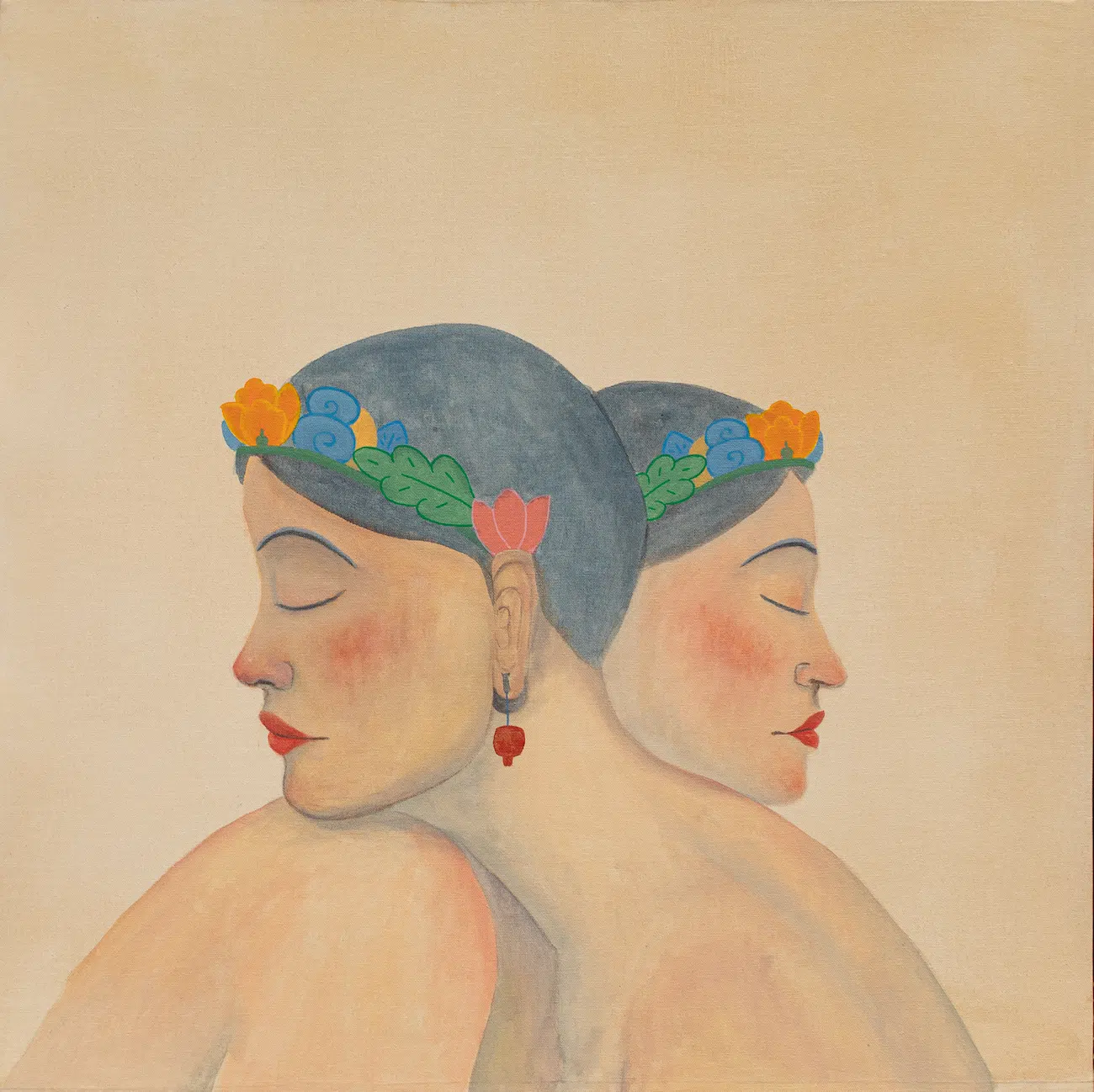 Pem Lham (b. 1997, Lhuentse, Bhutan; lives and works in Thimphu, Bhutan); Molay Moley, untitled 8; Bhutan, 2025; Acrylic on canvas &ndash; 80&times;80cm. 