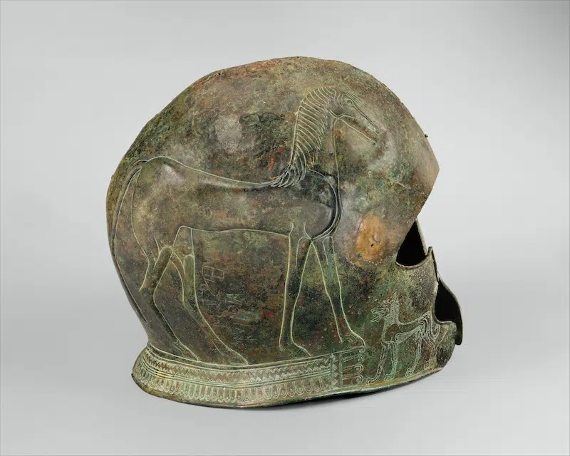 Photo of bronze helmet with horses and lions, Greek, Cretan, late 7th century BCE.
