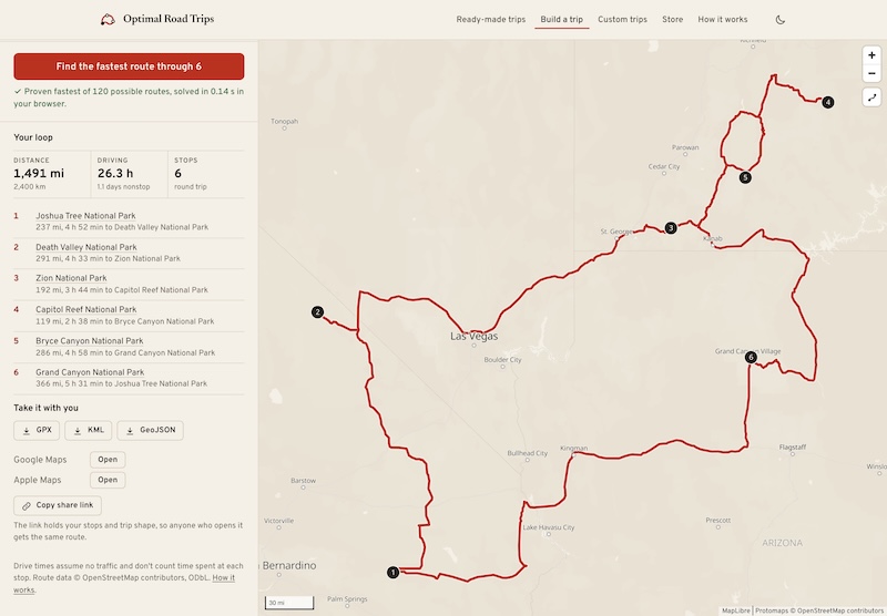 Screenshot from Optimal Road Trip Website