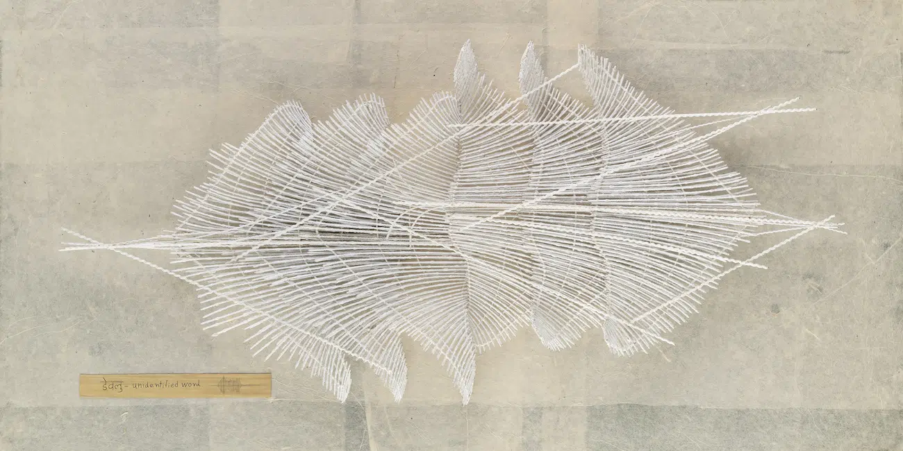 Parag Tandel, Estuaries of Waning Sounds: Koli Dictionary Project 8, 2026. Cotton polyester thread, stainless steel wire and rice paper on MDF board, 48 x 24 x 3.5 inches. Framed size: 49.4 x 25.3 x 5.8 inches