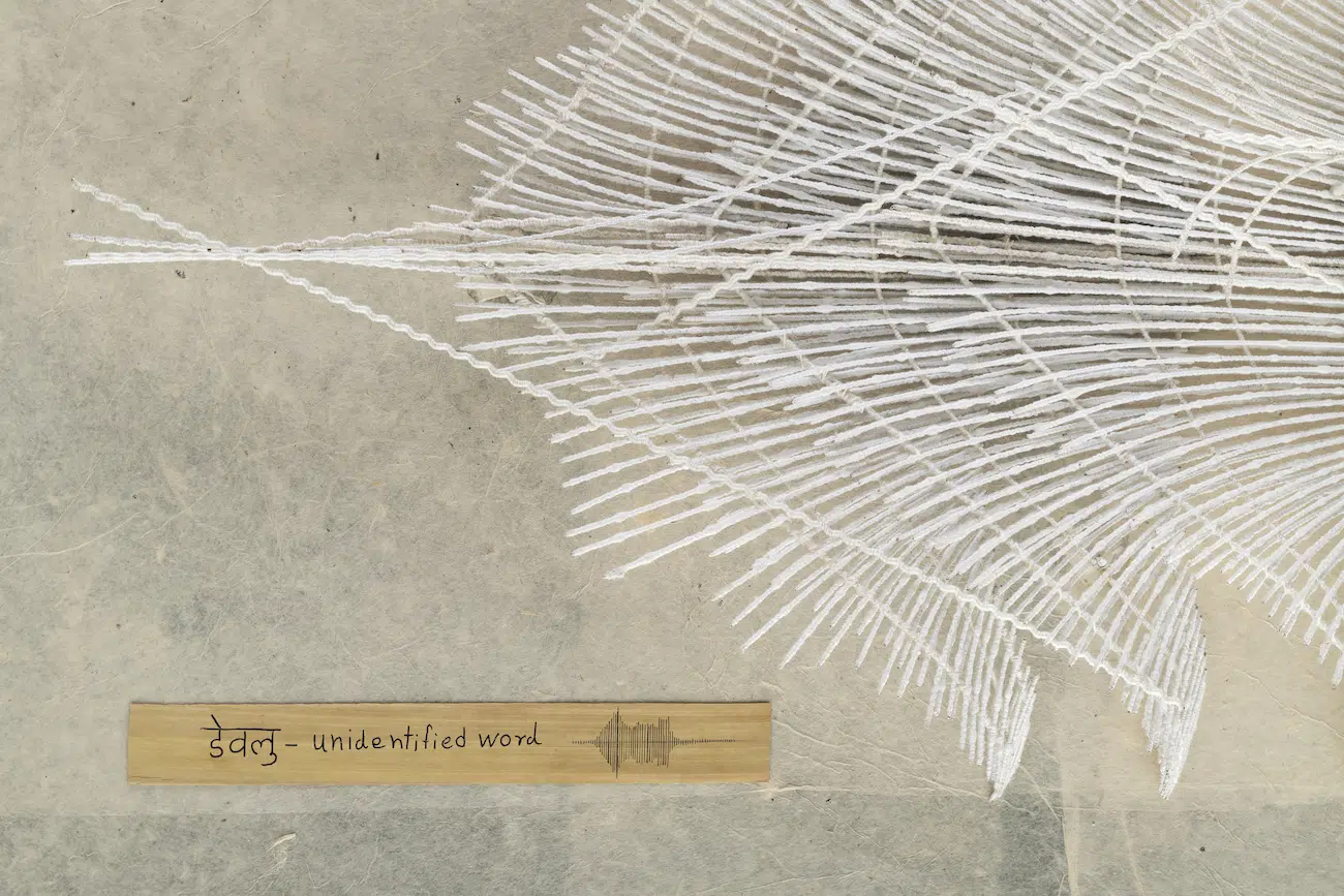 Parag Tandel, Estuaries of Waning Sounds: Koli Dictionary Project 8, 2026. Cotton polyester thread, stainless steel wire and rice paper on MDF board, 48 x 24 x 3.5 inches. Framed size: 49.4 x 25.3 x 5.8 inches