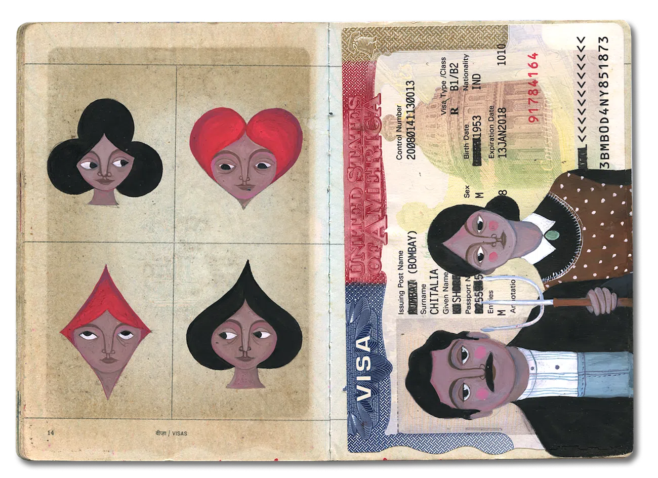 Passport that's been painted on with faces and people.