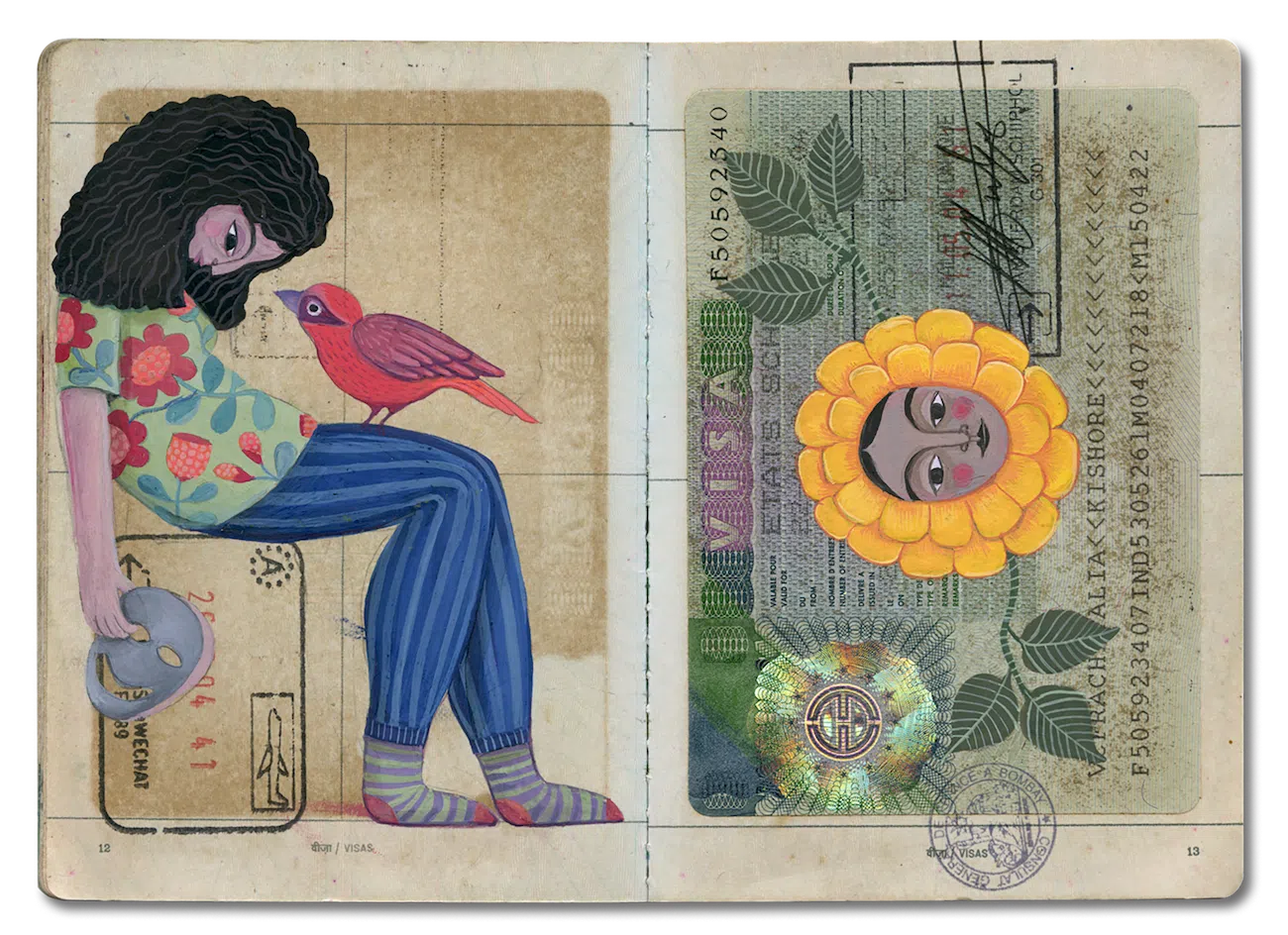 Passport that's been painted on with figure and flower. 