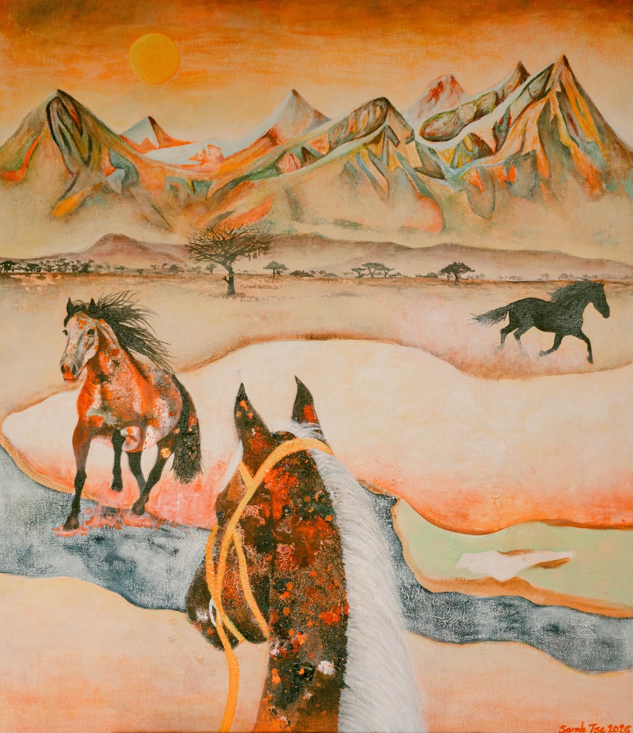 Photo of a painting of horses in a desert landscape.