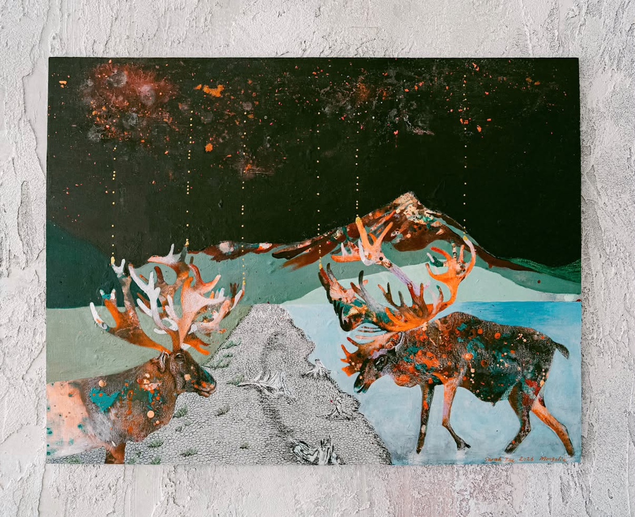 Painting of moose and mountains.