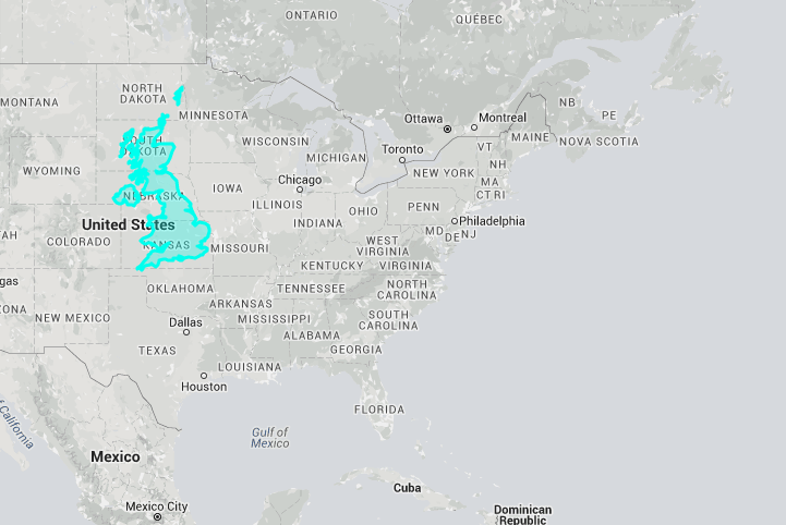 Comparación del tamaño de Reino Unido con Estados Unidos en el mapa de Mercator