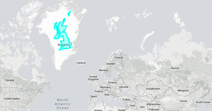 Comparación del tamaño de Reino Unido con Groenlandia en la proyección de Mercator