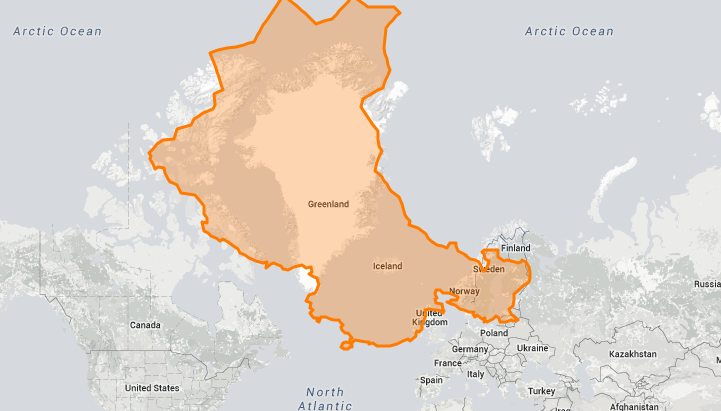 Comparación del tamaño de China con Groenlandia en la proyección de Mercator