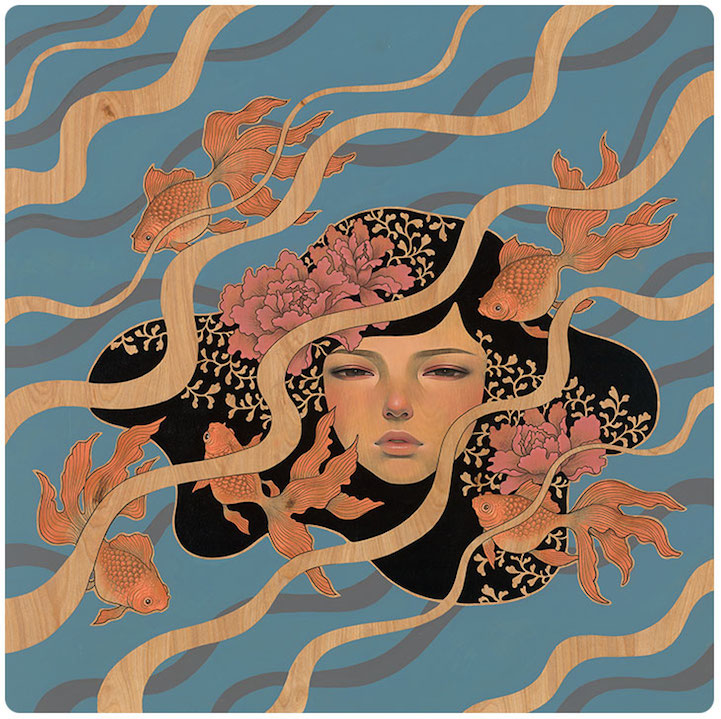 audrey kawasaki hirari hirari kimono-inspired art wood panel painting japanese