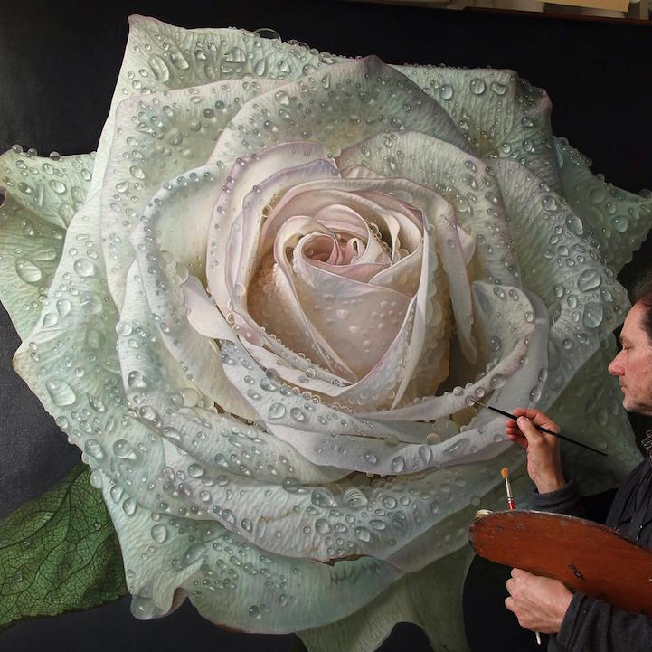 Giant Paintings of Roses Covered in Dewdrops Capture Every Tiny Detail