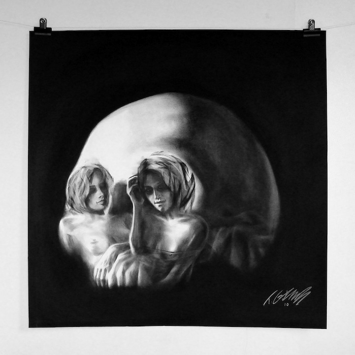 charcoal drawing of skulls