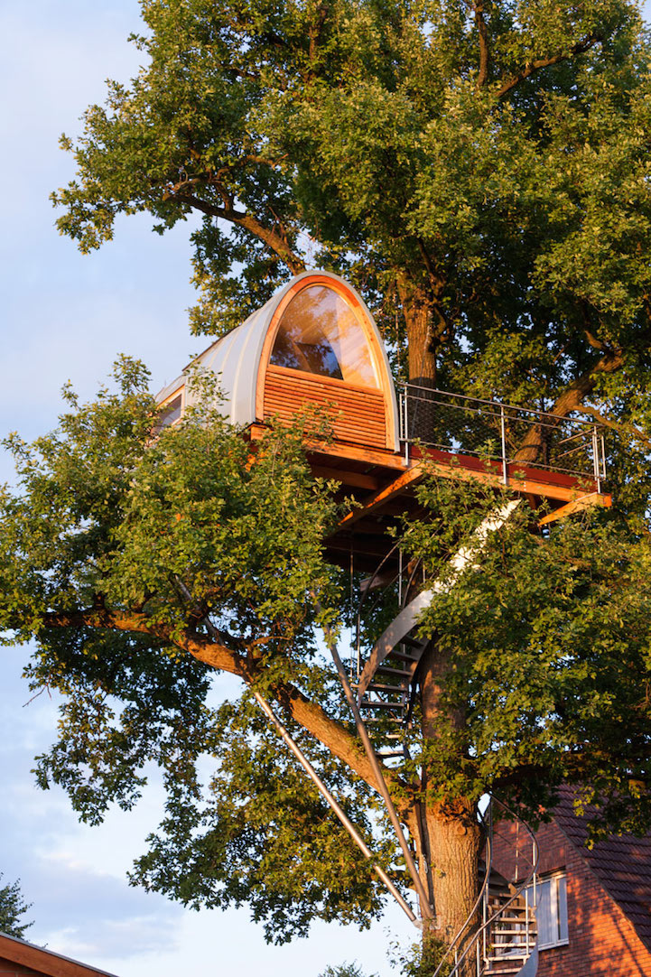 Domed-Shaped Tree House Accessed via a Winding Steel Staircase