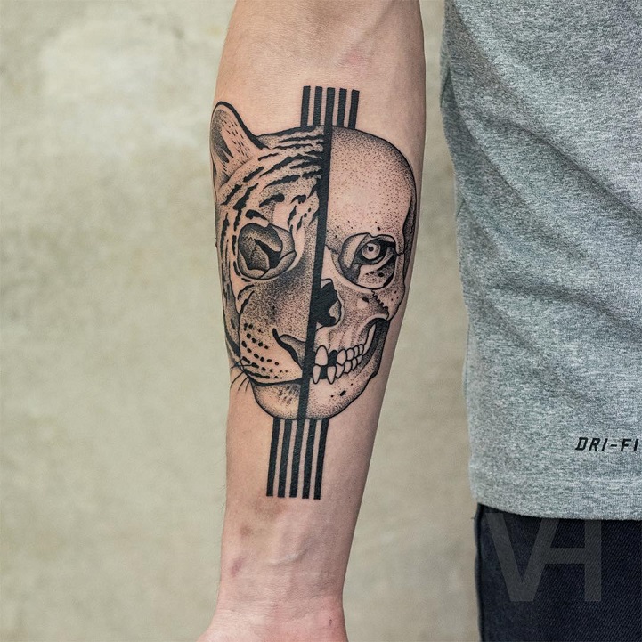 Split Face Lion Tiger TattooTattooInkfixers  by TattooInkFixers  Medium
