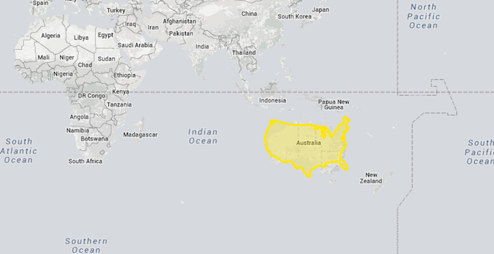 Comparación del tamaño de Estados Unidos con Australia